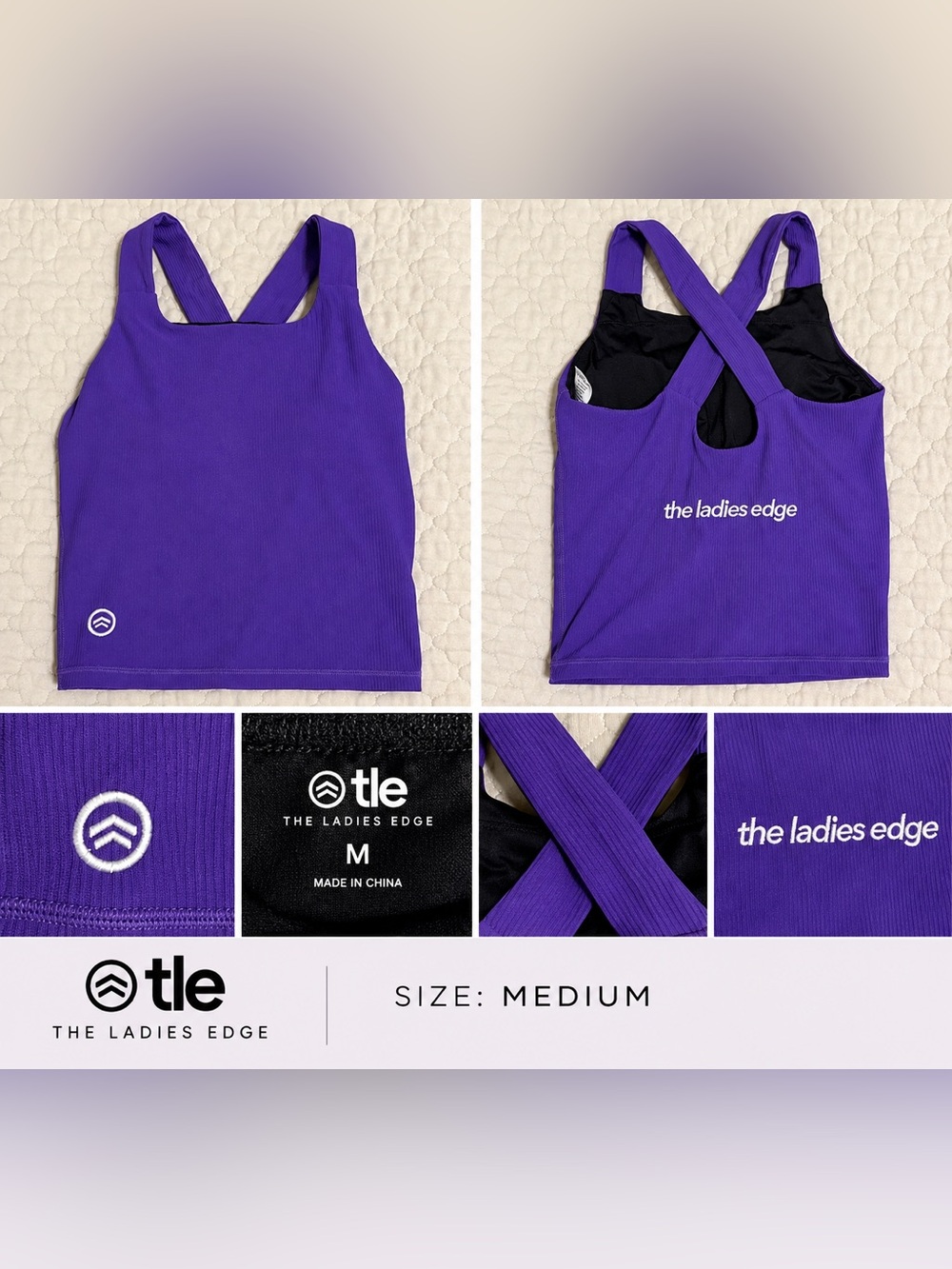 TLE - The Ladies Edge Purple Ribbed Crossback Sports Bra Tank - Medium